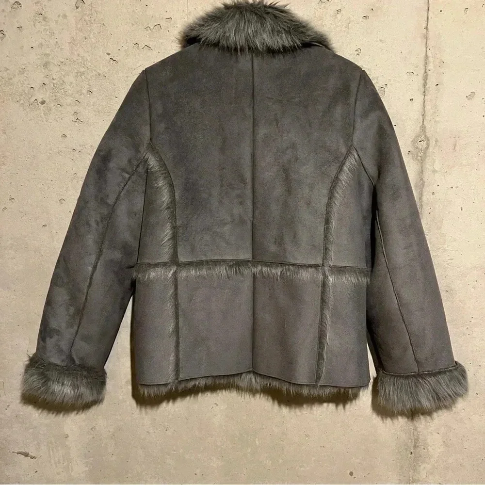 Vintage/Y2K Faux Fur Trim Grey Penny Lane Coat Faux Suede Leather Jacket Small